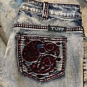 Cowgirl Tuff Blue and Red Boot Cut Jeans with Embroidered Design